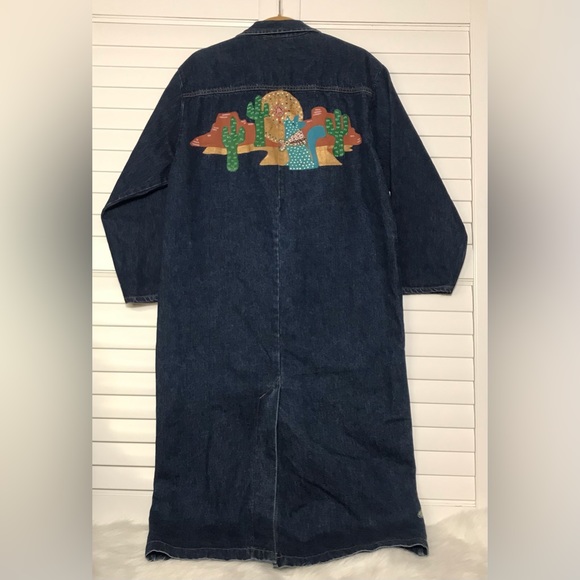 Vintage 90s Denim Southwestern Hand Painted Duster Long Jacket - Picture 7 of 9